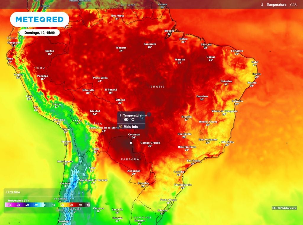 Temperatura máxima para o domingo (19) Temperatura máxima prevista para a tarde de domingo (19), de acordo com o modelo ECMWF.
