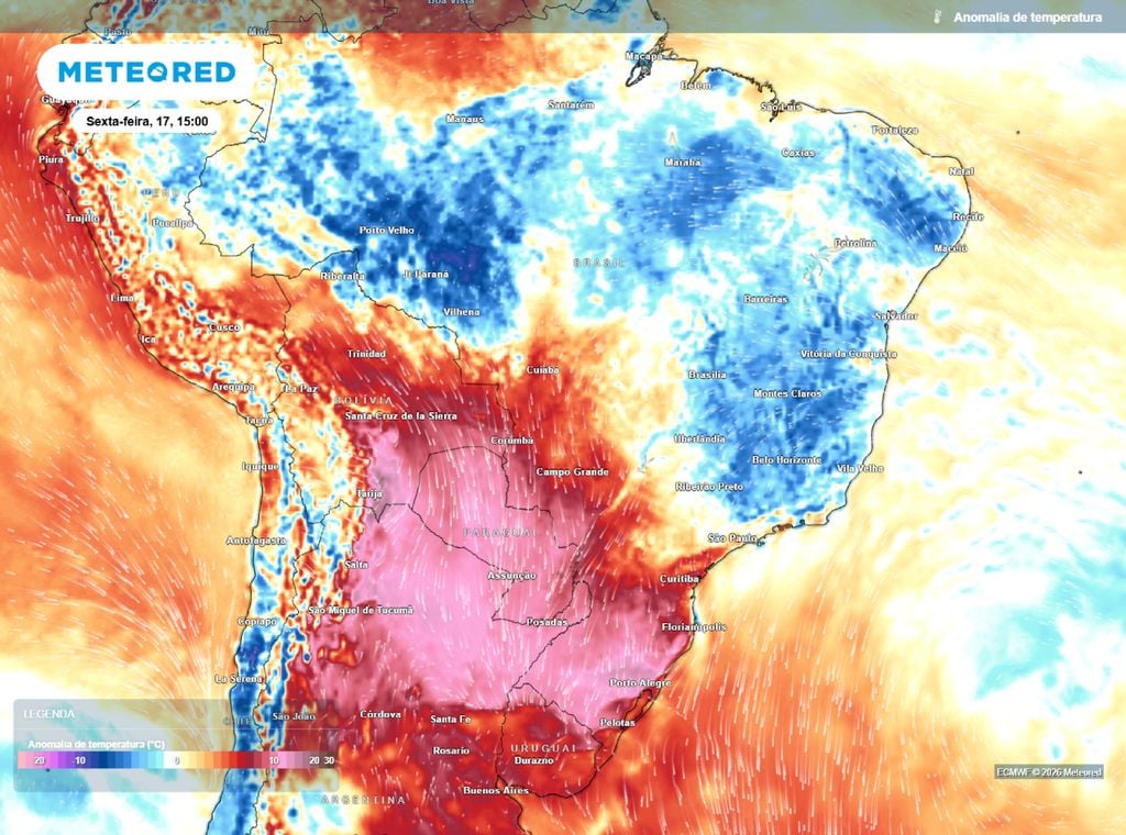 Anomalia de temperatura. Mapa de anomalia de temperatura. Previsão indica valores de até 15°C no Sul do Brasil.