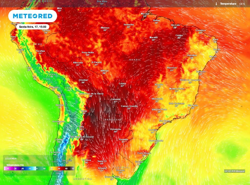 Temperatura máxima na sexta-feira (17). Máxima prevista para a tarde desta sexta-feira (17) sobre o Brasil. Termômetros superam os 35°C no Centro-Oeste e chegam aos 30°C no Sudeste.