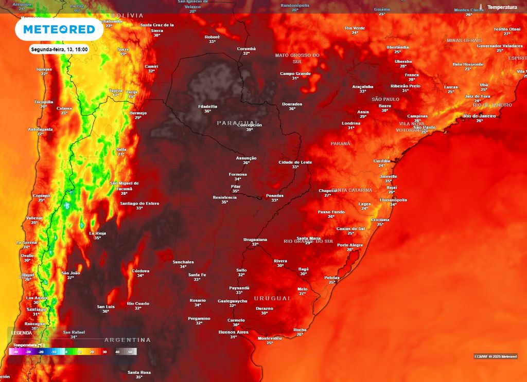 Previsão de temperatura máxima para a tarde de segunda-feira (13).