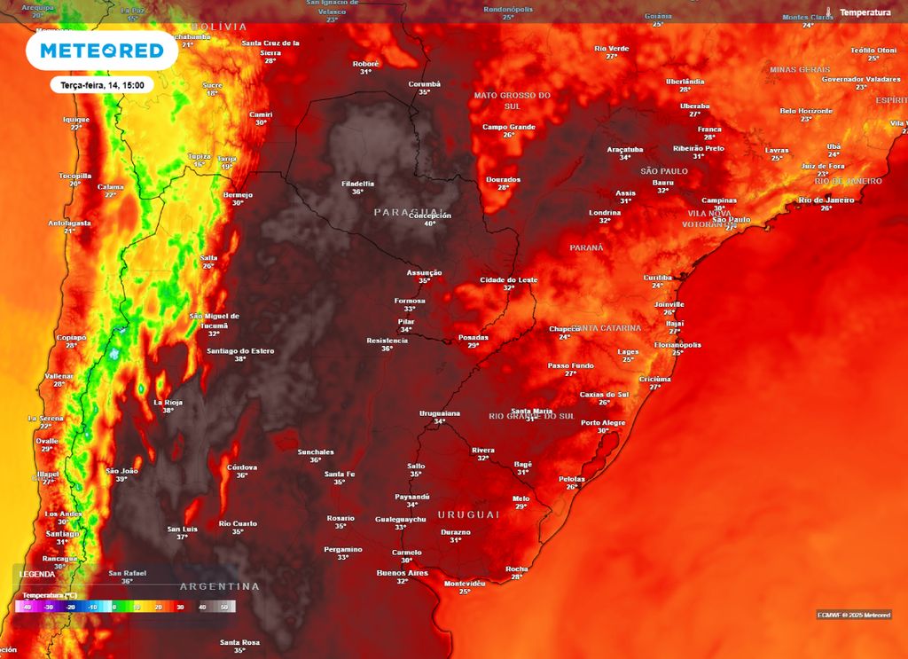 Previsão de temperatura máxima para a tarde de terça-feira (14).