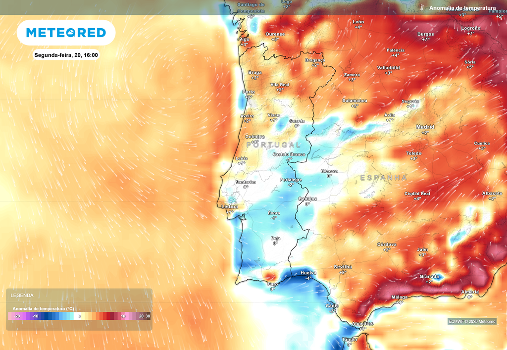 Amanhã, 20 de julho, as temperaturas mantêm-se geralmente próximas da média climatológica de referência, com anomalias ligeiramente positivas ou ligeiramente negativas em grande parte do país.