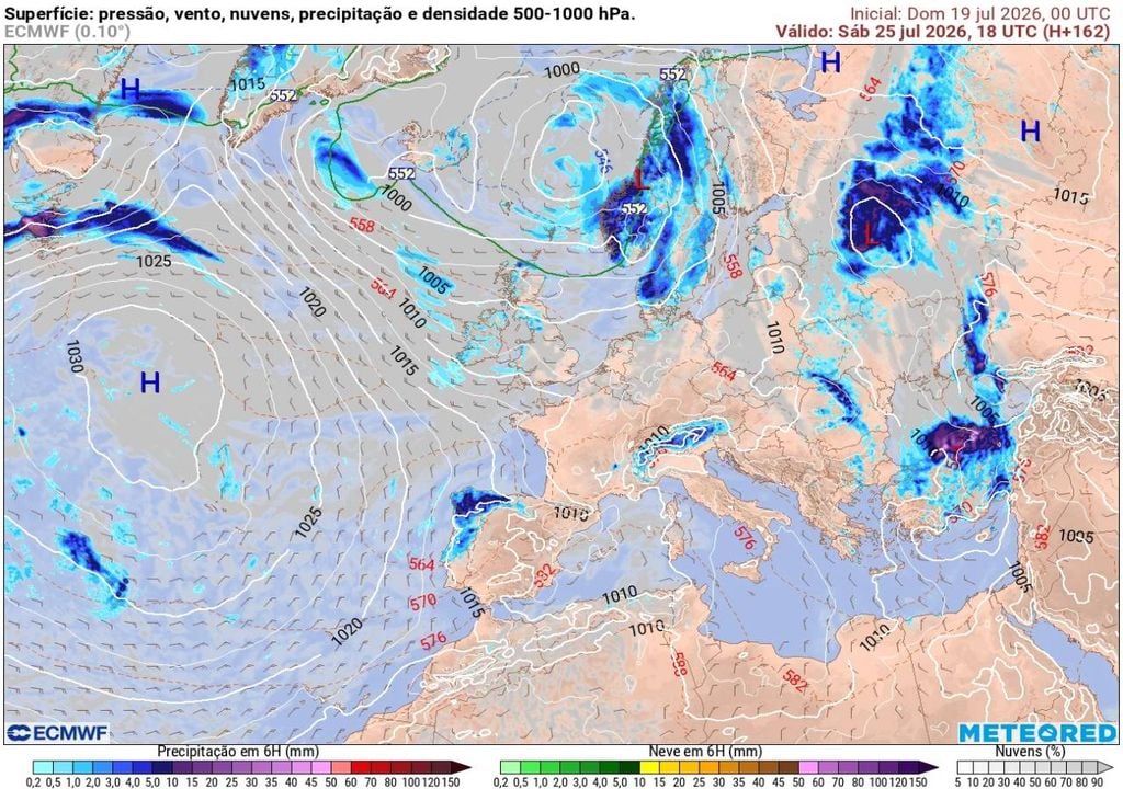 A 162 horas de distância, o grau de fiabilidade desta saída do modelo ECMWF é consideravelmente baixo. Deste modo, continuaremos a acompanhar a evolução do panorama meteorológico nas próximas atualizações, para poder confirmar ou descartar este cenário de precipitação no sábado, 25 de julho.