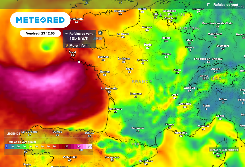 Rafales à près de 110 km/h sur les côtes bretonnes. Rafales à près de 110 km/h sur les côtes bretonnes.