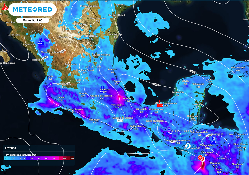 Se preven acumulados de 50 a 80 mm en Jalisco, Colima, Michoacán, Guerrero y Oaxaca, y de 20 a 50 mm en Puebla, Estado de México, Ciudad de México y Morelos.