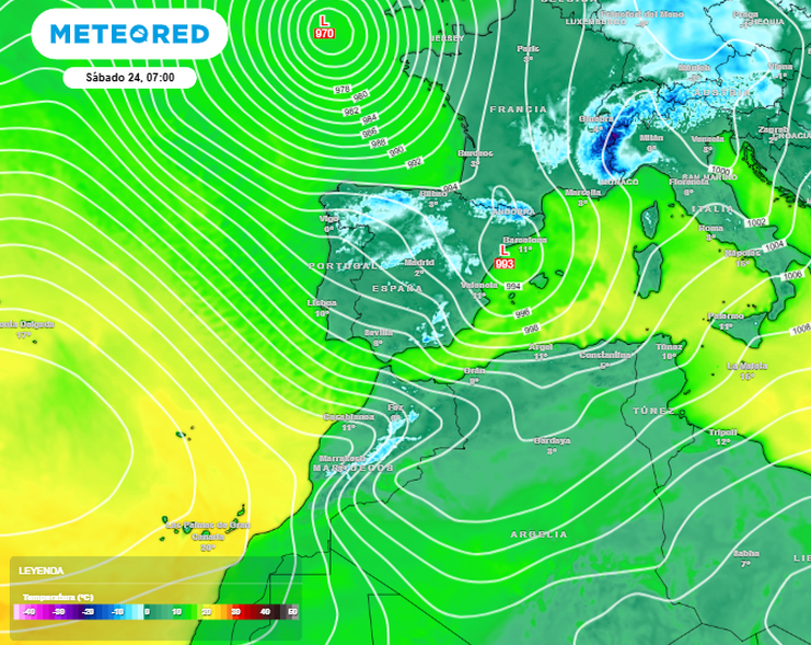 Temperaturas previstas a 2 m para el 24 de enero de 2026 06 UTC, según escala de colores. Tiempo.com