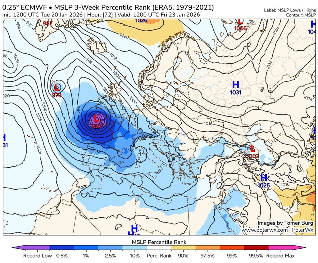 Presiones previstas en superficie para el 23 de enero de 2026 12 UTC. Las zonas en azul y violetas denotan valores muy bajos para la época del año respecto a la climatología. Fuente: Tomer Burg