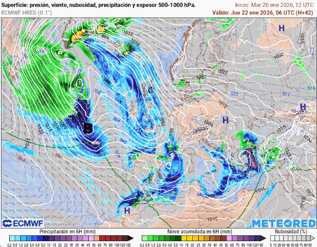Presión en superficie y precipitaciones, según escal de colores, cada 6 horas previstas entre el 22-25 de enero de 2026 con la borrasca, B, aludida. 2025. Tiempo.com