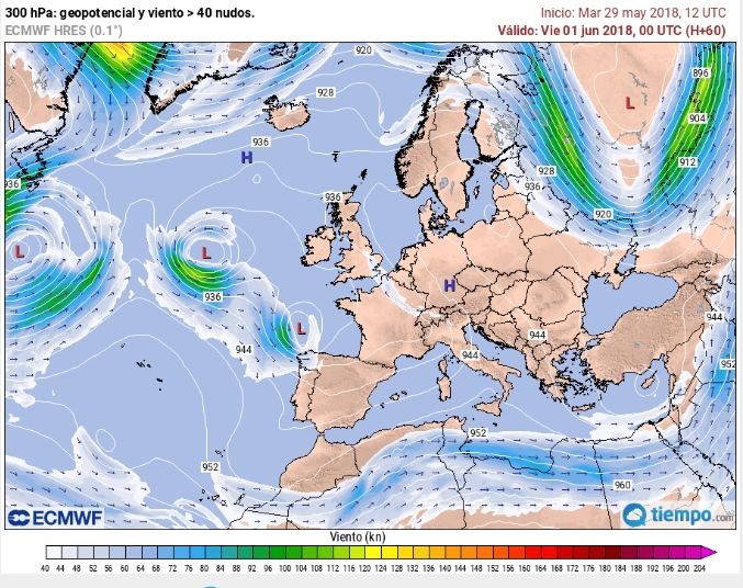 Borrasca Atlántica En Rápida Intensificación Frente A La Península Mapas de altura, viento en 300 hPa. a las 00 UTC. Tiempo.com