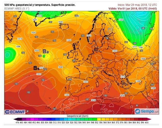 Borrasca Atlántica En Rápida Intensificación Frente A La Península Mapas de 500 hPa, escala de colores, y presión en superficie, en línea continua : 1 junio a las 00 UTC. Bs representa la baja en superficie, y Ba el sistema baja-jet en altura. Ambos sistemas generan la ciclogénesis rápida. Tiempo.com