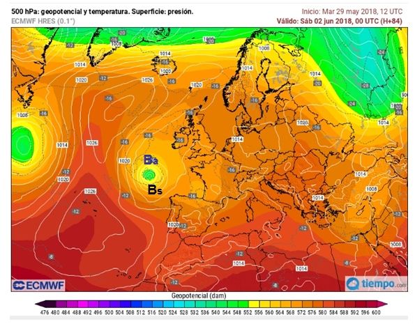 Borrasca Atlántica En Rápida Intensificación Frente A La Península Mapas de 500 hPa, escala de colores, y presión en superficie, en línea continua: 2 de junio a las 00 UTC. Bs representa la baja en superficie, y Ba el sistema baja-jet en altura. Ambos sistemas generan la ciclogénesis rápida. Tiempo.com