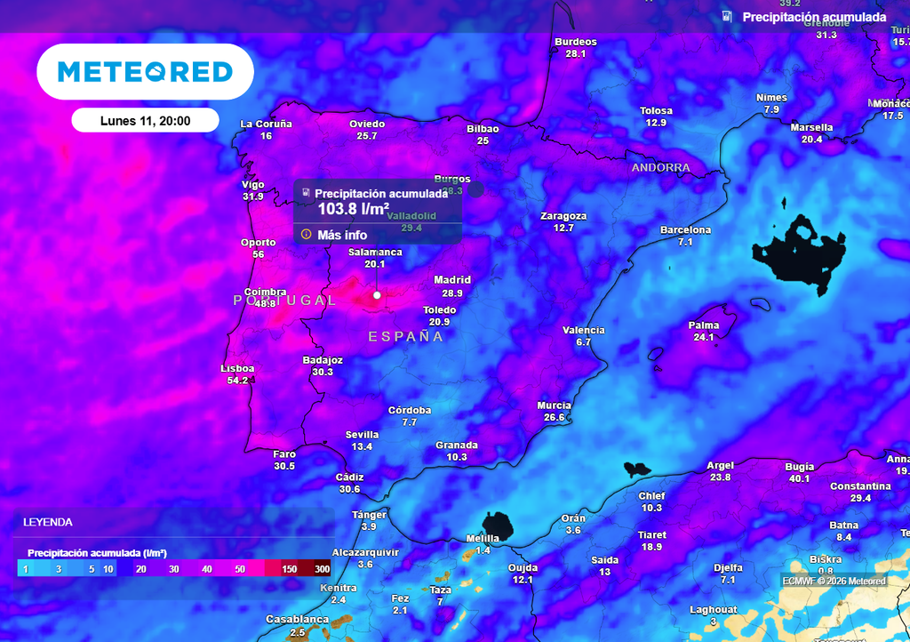 La precipitación acumulada hasta el próximo lunes rondará los 100 l/m2 en algunas zonas de la cara sur de Gredos, en el norte de Cáceres.