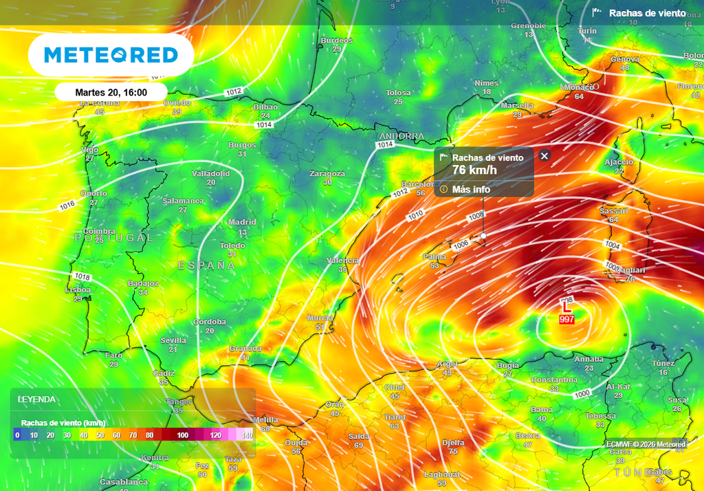 Rachas de viento previstas en el punto álgido del temporal, el martes por la tarde.