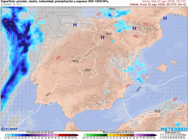 Presión en superficie y precipitaciones previstas para el 23 de agosto de 2026, domingo. Tiempo.com