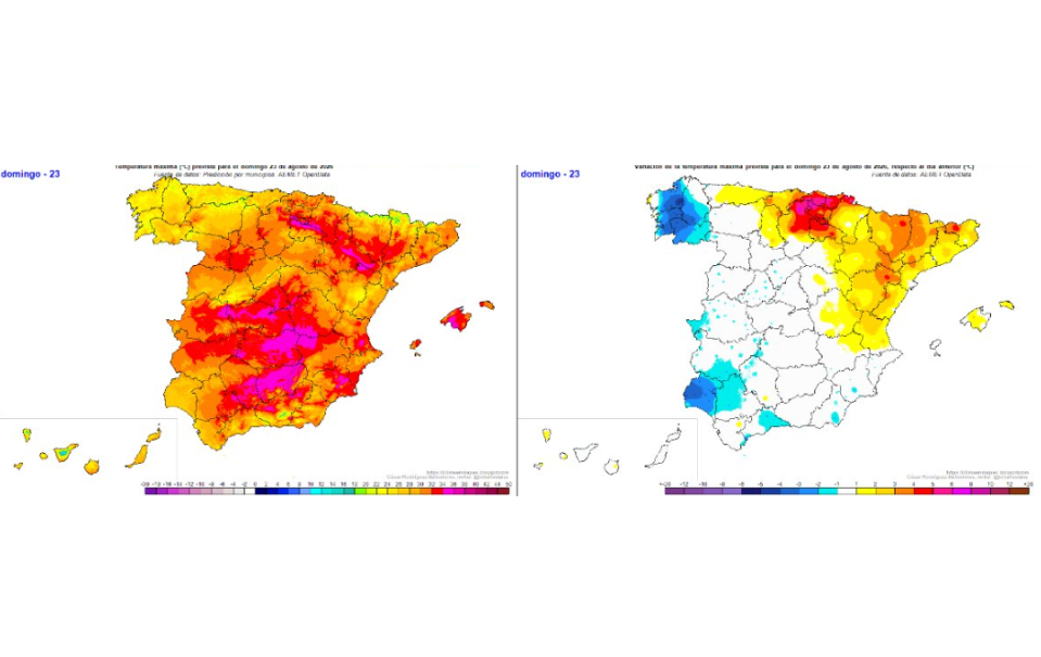 Temperaturas máximas previstas, a la izquierda, y variación respecto al día anterior, derecha con subidas en escala de amarillo-rojo y bajadas en azules , para el domingo 23 de agosto de 2026. Fuente: Blog de César Rodríguez Ballesteros