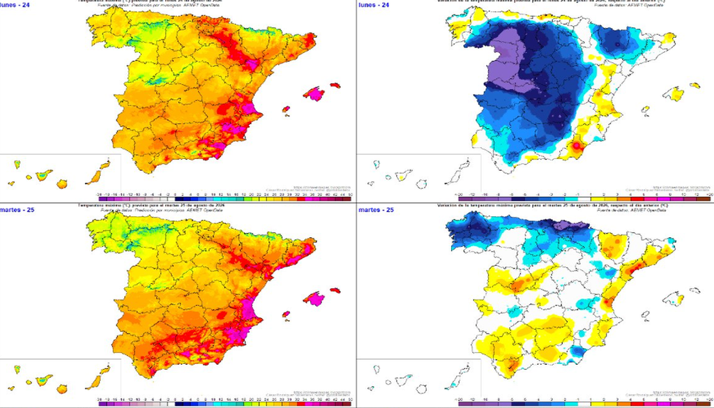 Ídem que el caso anterior pero para las temperaturas máximas y sus variaciones respecto al día anterior del lunes 24, arriba, y martes 25, abajo, de agosto 2026. Fuente: Blog de César Rodríguez Ballesteros.