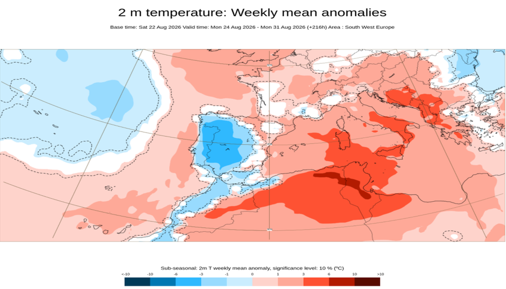 Anomalías de la temperatura a 2m para la semana 24-30 de agosto de 2026: cálidas en escala de rojos y frías en escala de azules. ECMWF
