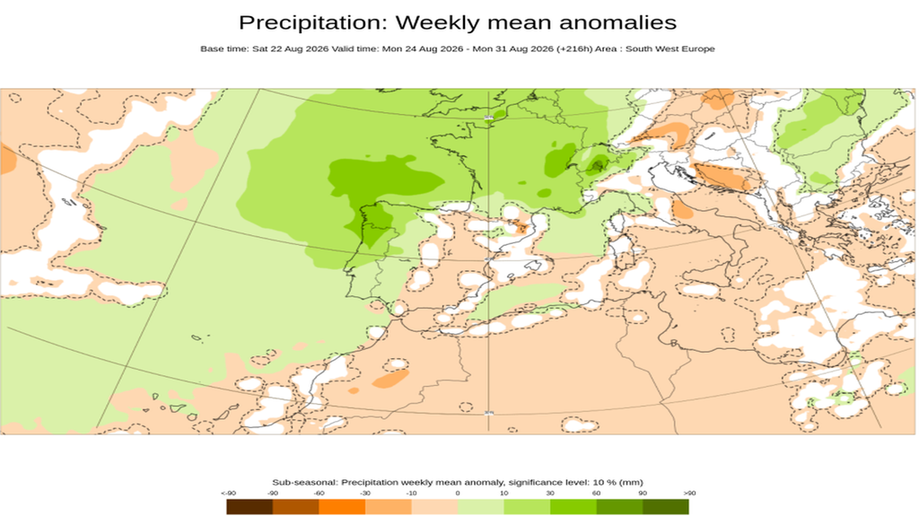 Anomalías de precipitación para la semana del 24-30 agosto 2026: verdes para anomalías positivas y naranjas para negativas. ECMWF