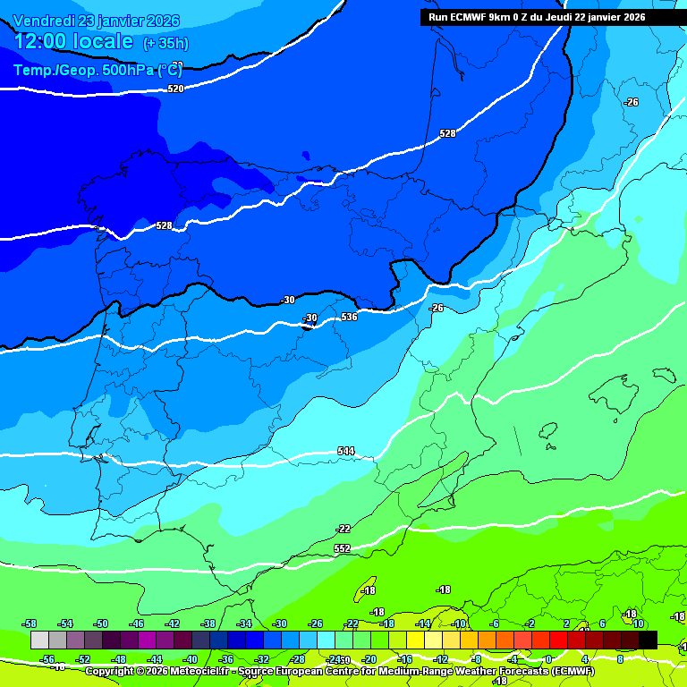 Temperatura prevista a 500 hPa en escala de colores a 23 de enero de 2026 12 UTC según modelo ECMWF. Fuente Meteociel