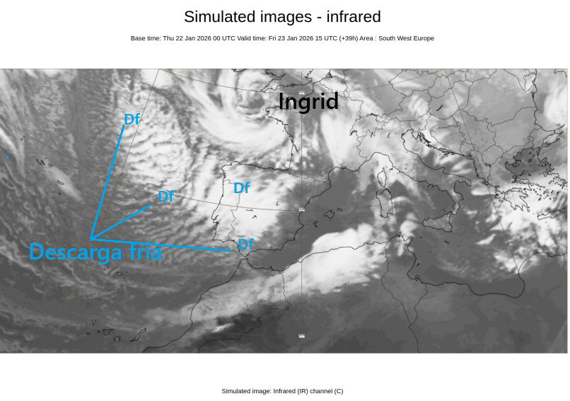 Imagen infrarroja prevista para el 23 de enero de 2026 a las 15 UTC, según modelo ECMWF, destacando el centro de Ingrid y la amplísima descarga postfrontal fría, Df. ECMWF