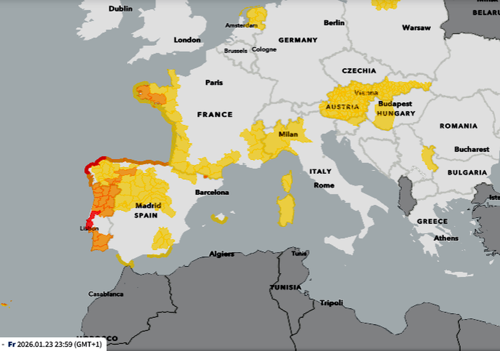 Avisos previstos para el 23 de enero de 2026 emitidos el 22 de enero. Meteoalarm
