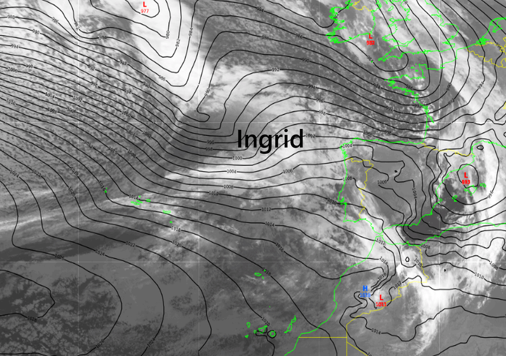 Imagen infrarroja y presión en superficie para el 22 de enero de 2026 a las 06 UTC con Ingrid en proceso de ciclogénesis explosiva. Eumetrain