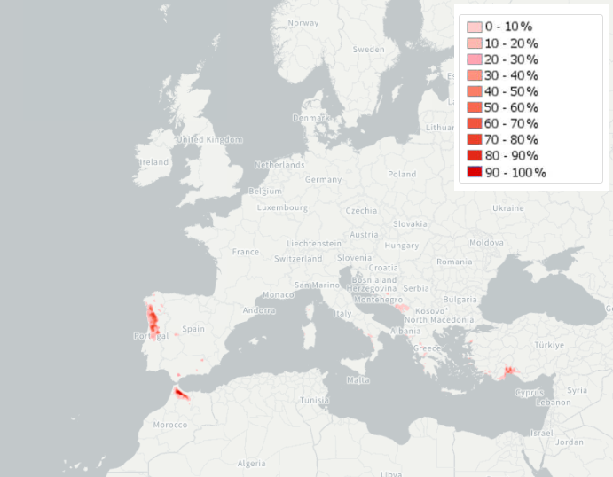 Mapas de probabilidad de superar los 150 l/m2, arriba y en escala de azules, y 300 l/m2, abajo y en escala de rojos, en los próximos 10 días. Fuente: GLOFAS-ECMWF