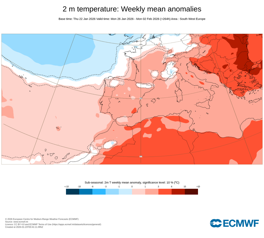 Anomalías semanales previstas de la temperatura a 2 m para la semana 26 de enero al 1 de febrero de 2026: anomalías cálidas en escala de rojos y frías en escala de azules. ECMWF