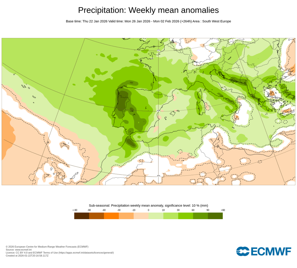 Anomalías de precipitación para el mismo periodo: zonas en verde con anomalías positivas y en naranja, con anomalías negativas. ECMWF