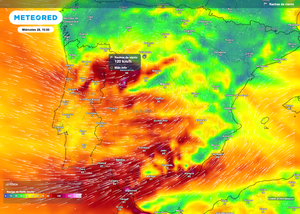 En los relieves del interior y sur peninsular el viento ya presentará rachas muy fuertes a las 10 de la mañana. También en zonas llanas.