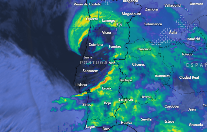 Imagen combinada radar más satélite de las 05:30 UTC del 28 de enero de 2026 mostrando la estructura del chorro aludido. Windy.com