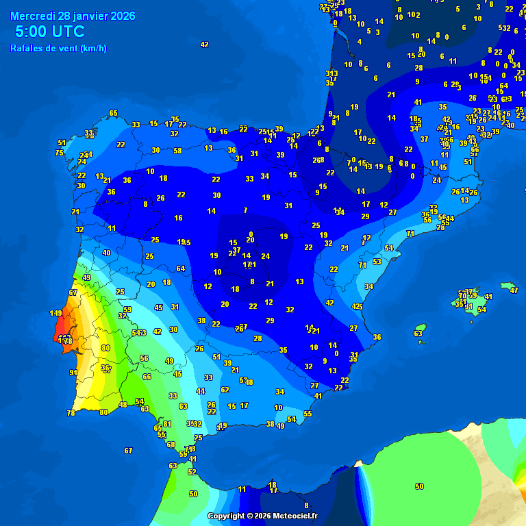 Rachas observadas a las 05 UTC del 28 de enero de 2026 según datos de Meteociel