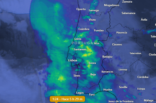 Secuencia de imágenes combinadas radar y satélite de Kristin y el desarrollo del chorro de agujón durante primeras horas del día 28 de enero de 2026. Windy.com