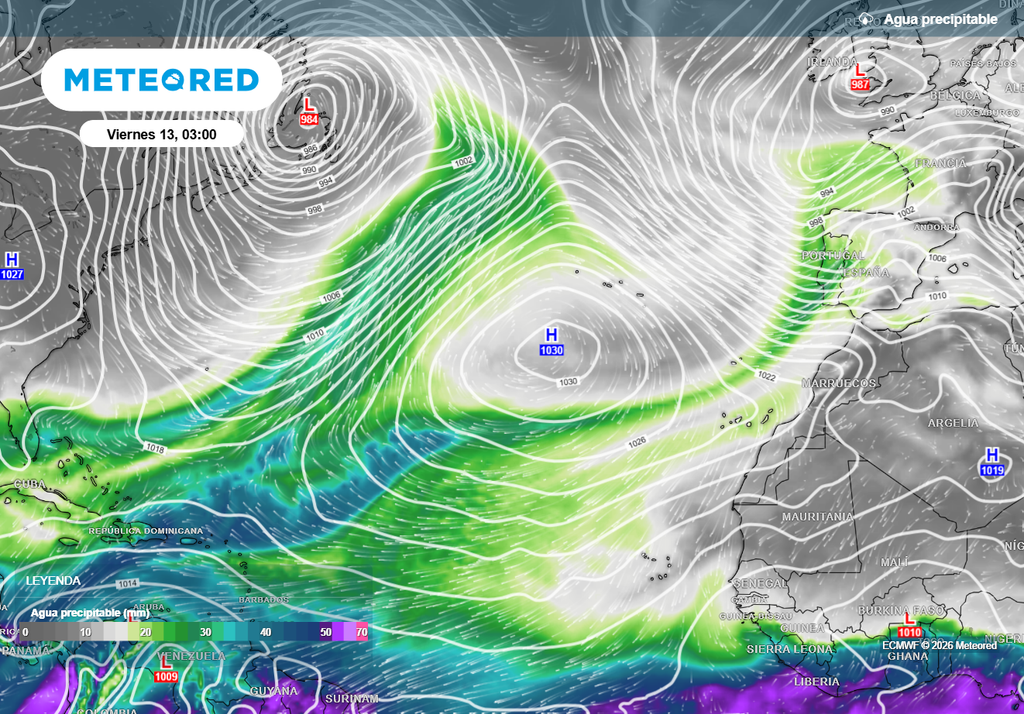 Un nuevo río de humedad cruzará el Atlántico e impactará el viernes contra el oeste peninsular, reforzando las precipitaciones en algunas zonas.
