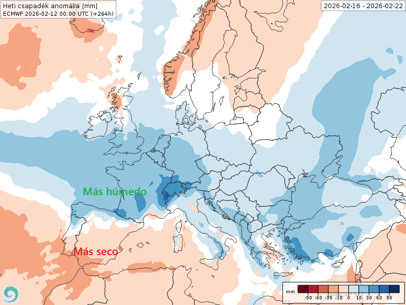 Anomalías semanales de precipitación para el mismo periodo: Azules para anomalías positivas de precipitación y naranjas para negativas o más seca de lo normal. ENS ECMWF / SMN de Hungría