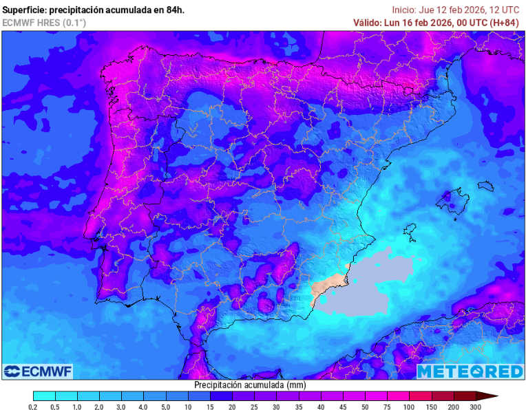 Acumulación prevista por el modelo ECMWF hasta el día 16 de febrero de 2026 00 UTC. Tiempo.com