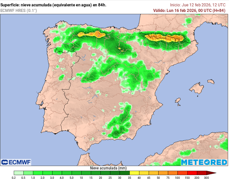 Ídem que el caso anterior pero para la nieve acumulada, según escala de colores. Tiempo.com