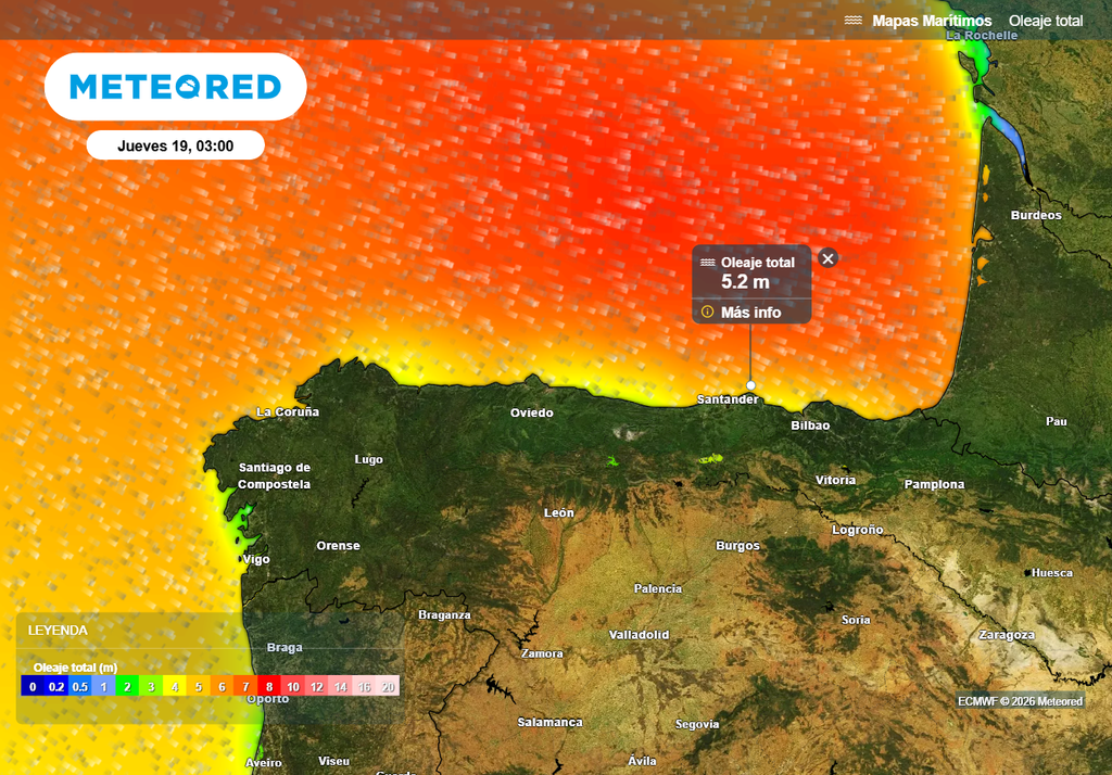 Pedro dejará olas de más de 5 metros en las costas de Galicia y del Cantábrico, activándose avisos naranjas por este motivo.
