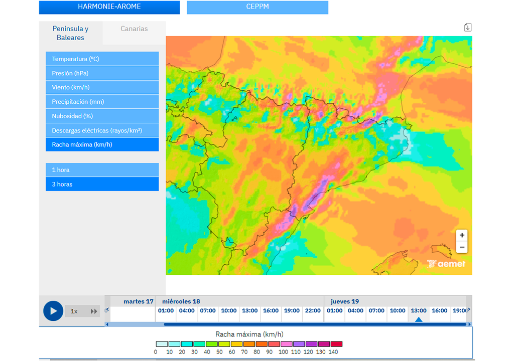 El modelo HARMONIE de la AEMET prevé picos máximos de viento de más de 120-130 km/h en zonas del noreste.
