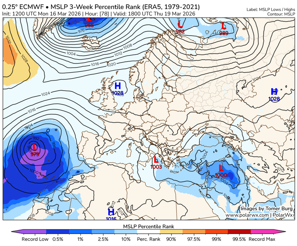 Las presiones alcanzadas en superficie podrían llevar a valores mínimos de récord durante varios días al centro de Therese (zonas coloreadas en fucsia). Imagen de presión en superficie prevista para el 19 de marzo de 2025 18 UTC de Tomer Burg
