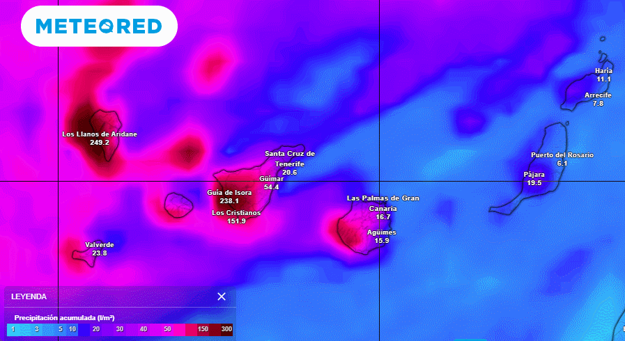 Acumulaciones previstas de precipitación hasta el domingo 22 de marzo 2026 12 UTC con valores máximos de 250 l/m2 por el modelo ECMWF. Tiempo.com