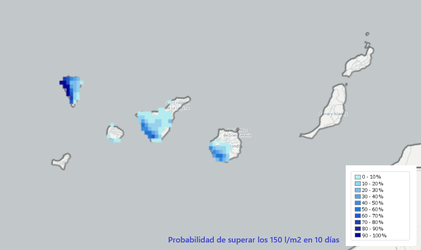 Probabilidad de superar los 150 l/m2 en 10 días para la zona de Canarias según GLOFAS ECMWF. Las zonas en azul oscuro serán las más afectadas.