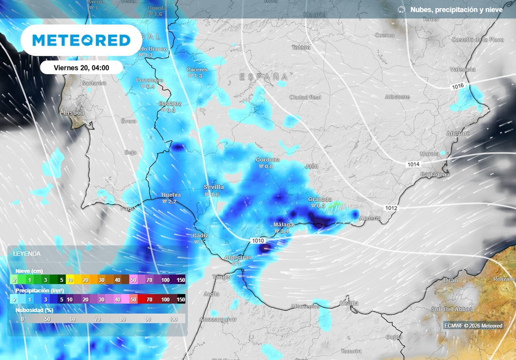 Entre mañana y el viernes un frente asociado a Therese dejará chubascos en Andalucía.