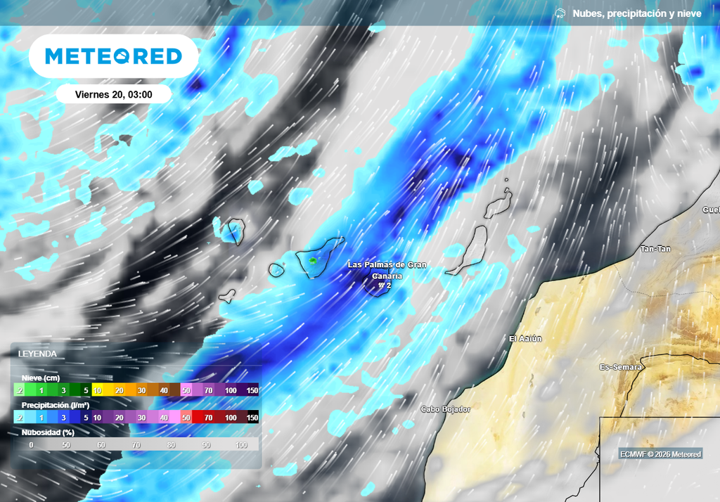 Varios frentes y líneas de inestabilidad dejarán lluvias localmente muy intensas en Canarias, con nieve en el Teide y probablemente en el Roque de los Muchachos.