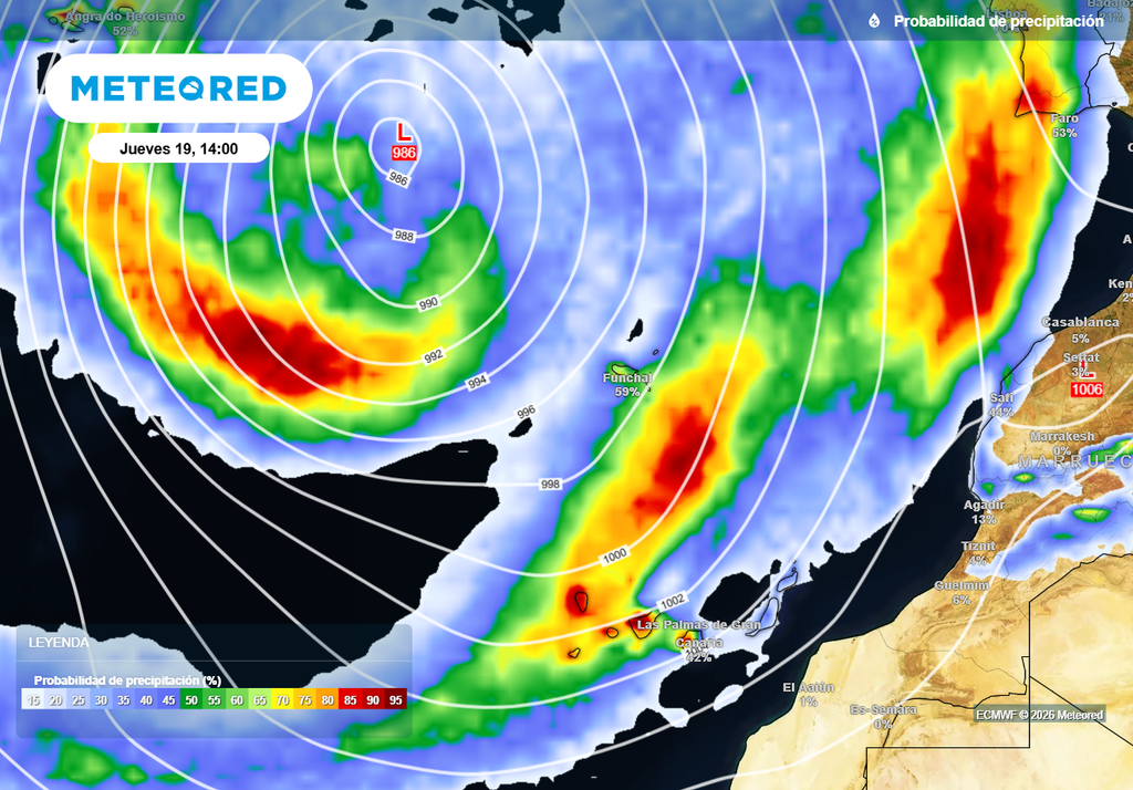 El jueves la borrasca se dirigirá hacia el sur, con un frente muy activo que barrerá Canarias de oeste a este.
