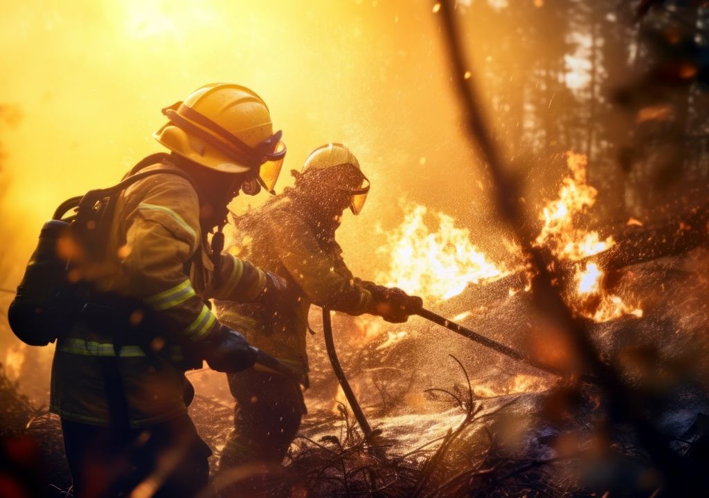 Dos bomberos combatiendo incendio forestal
