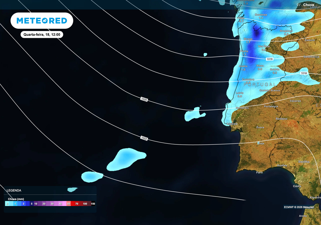 A segunda frente atlântica deverá intensificar a chuva durante a manhã de quarta-feira, marcando o período mais chuvoso do episódio em Braga.