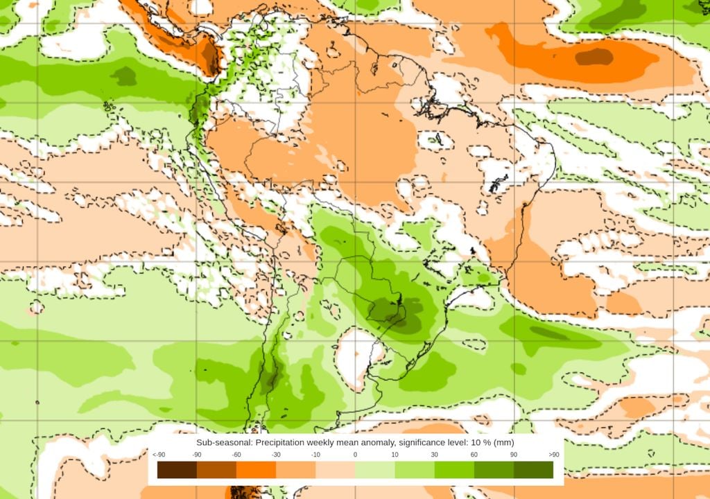 Previsão de anomalias de chuva entre 5/10 e 12/10 mostra que o tempo continuará muito chuvoso no centro-sul do país, especialmente com a formação de outro ciclone e sua frente fria.