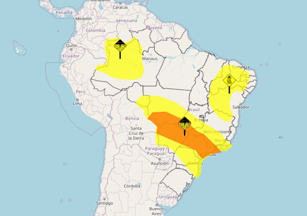 Mapa de alertas divulgados pelo INMET para esta terça-feira, com destaque para uma faixa de precipitação no centro-sul do país, onde há risco de tempestades severas se formarem.