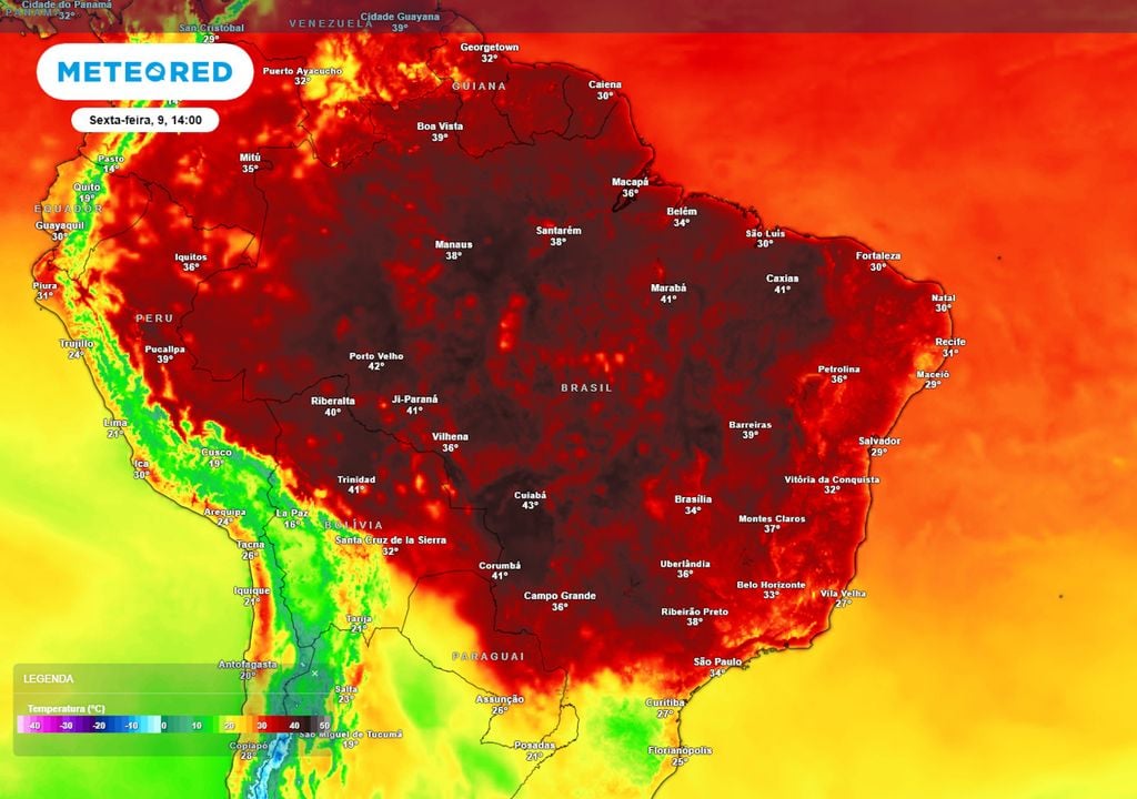 Previsão de temperaturas máximas nesta sexta-feira durante o início da tarde mostra que uma grande parte do país terá condições para registro de temperaturas acima dos 40°C.